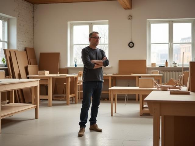 Grundlæggeren af Gedeham Design står i et lyst, ryddeligt værksted omgivet af ufærdige træmøbler og værktøj, hvilket afspejler dansk håndværk og bæredygtighed.