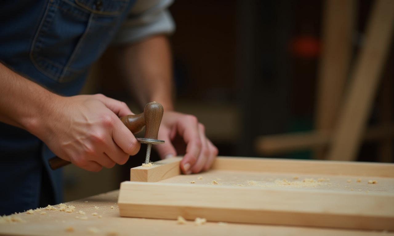 En håndværker arbejder koncentreret på et ufærdigt træmøbel med traditionelt snedkerværktøj i et godt oplyst værksted, der viser processen.