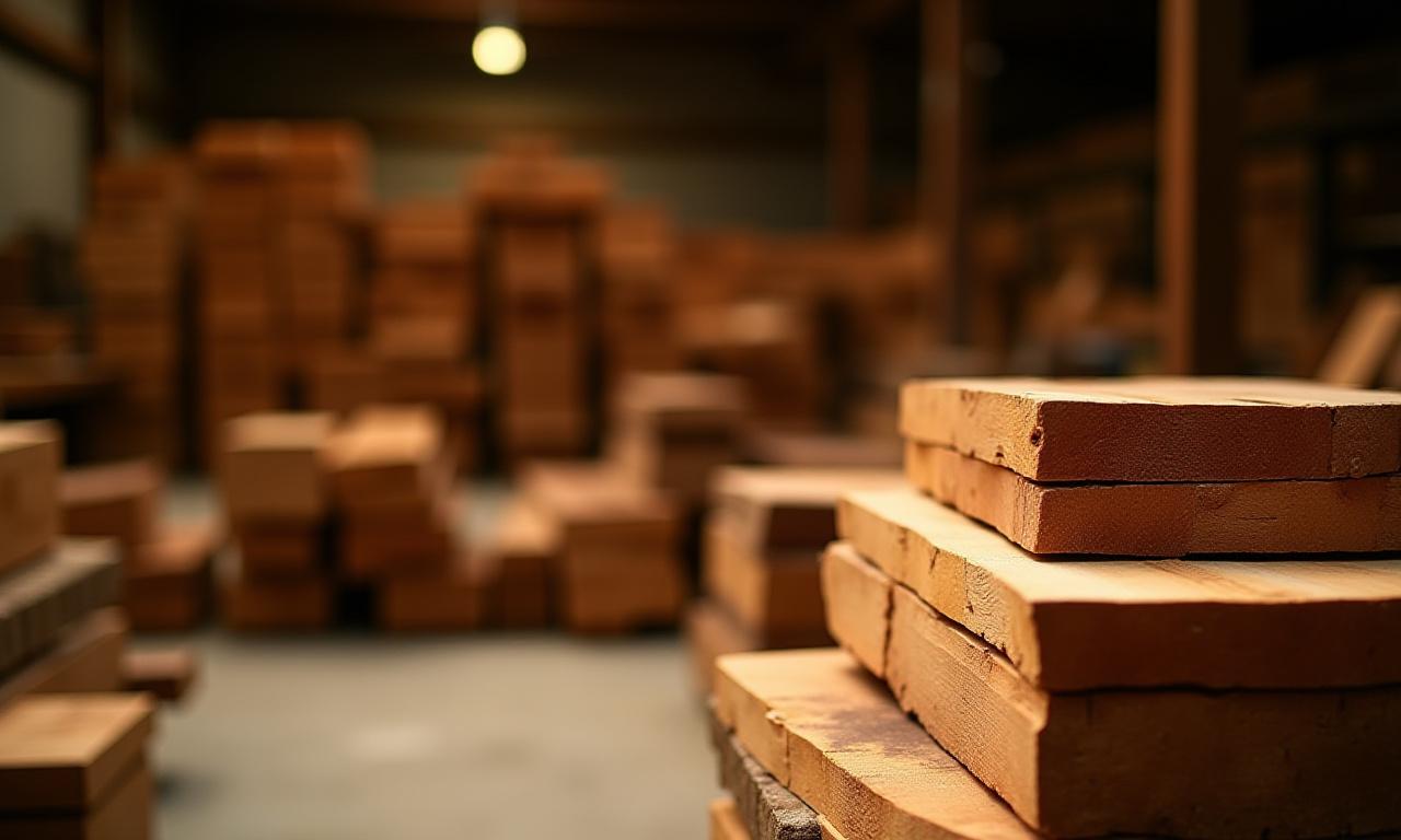 Et værksted fyldt med stakke af smukt, bæredygtigt råtræ, klar til forarbejdning, i blødt naturligt lys, fremvisende tekstur og detaljer.