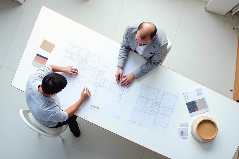 Indretningsarkitekter gennemgår plantegninger og materialeprøver ved et stort bord