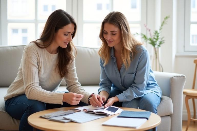 Indretningskonsulent diskuterer stofprøver og farvepaletter med en klient