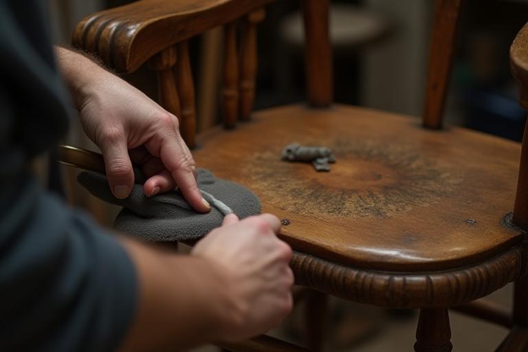 Gammel træstol bliver omhyggeligt restaureret i et værksted